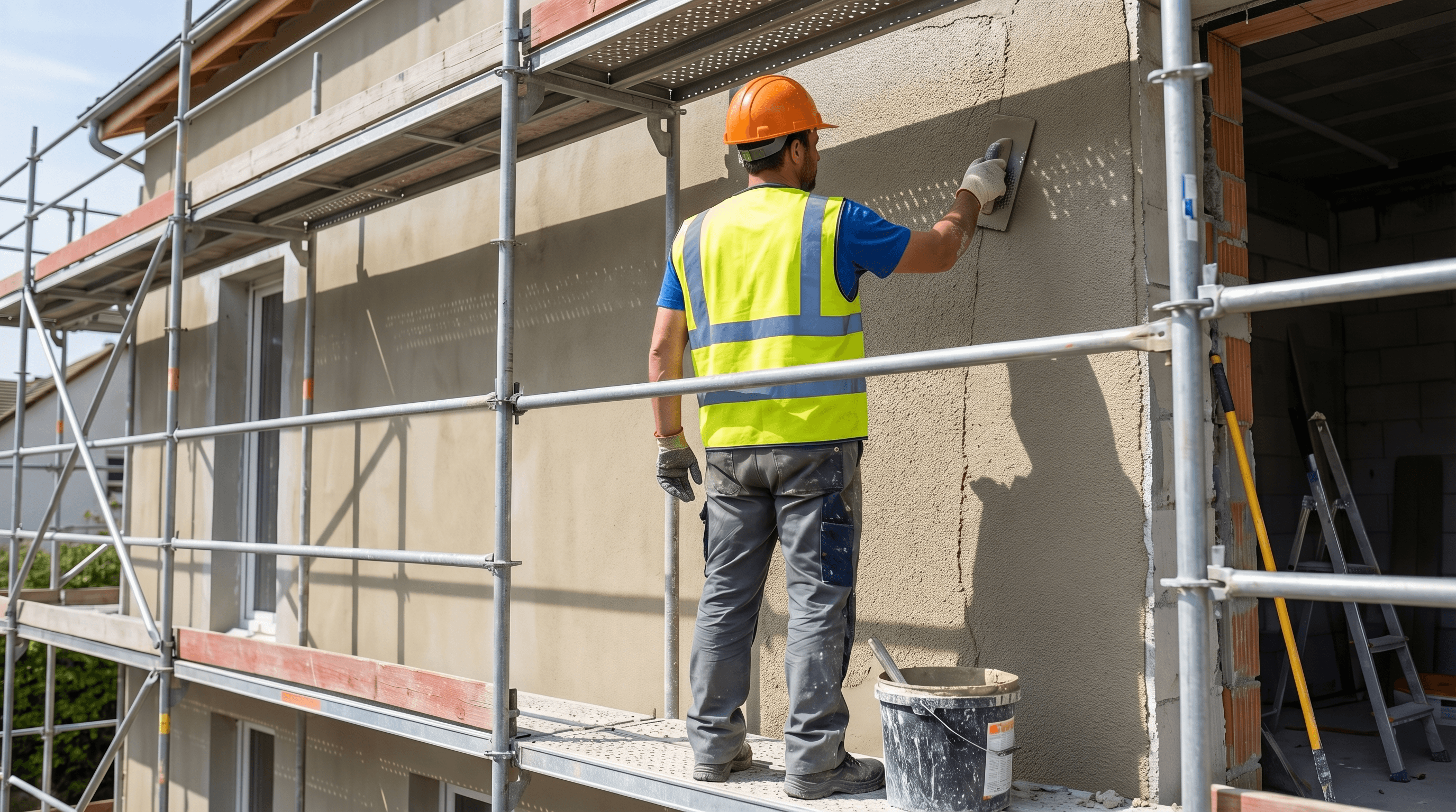 Artisan sur échafaudage appliquant un enduit sur une façade en rénovation